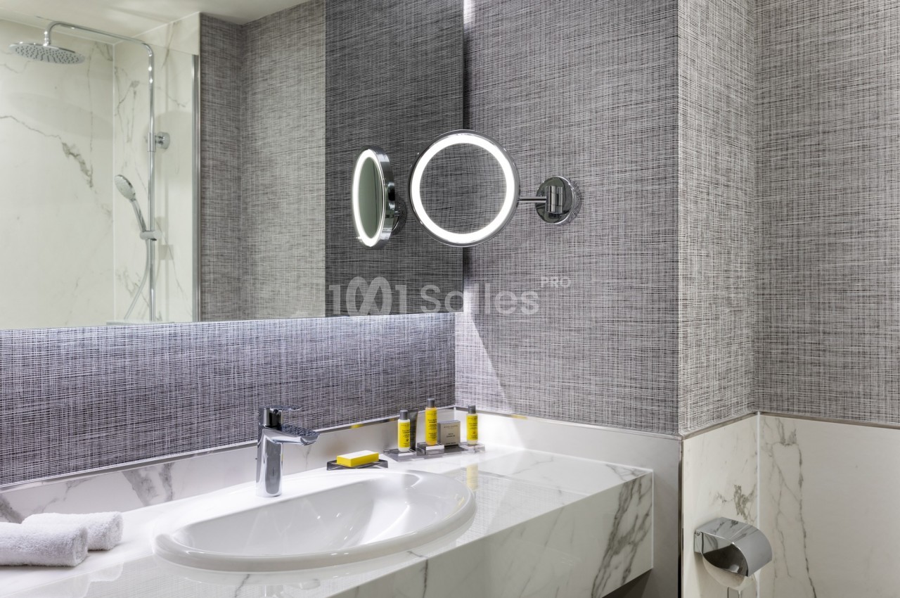 Salle de bain moderne avec lavabo en marbre, miroir éclairé, produits de toilette et douche en arrière-plan.