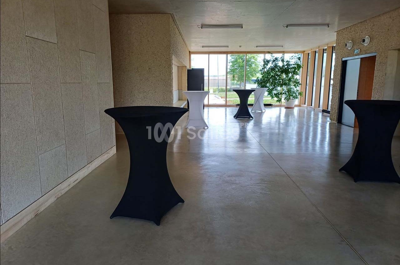Salle lumineuse avec tables hautes recouvertes de nappes noires et blanches, grandes fenêtres et plantes en arrière-plan.