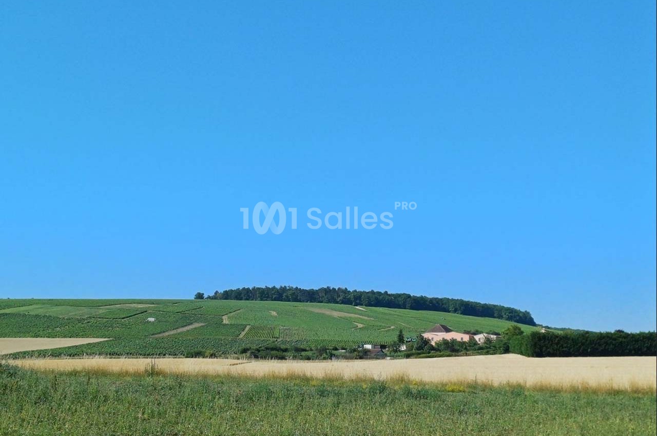 Paysage rural avec des champs cultivés, une maison isolée et une forêt en arrière-plan sous un ciel bleu.