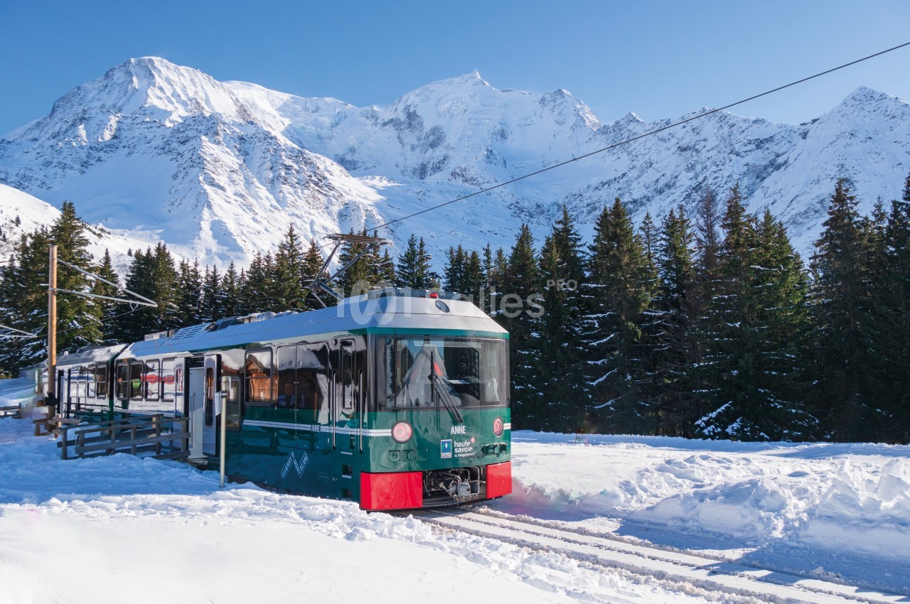 Train vert traversant un paysage enneigé avec des montagnes et des sapins en arrière-plan.