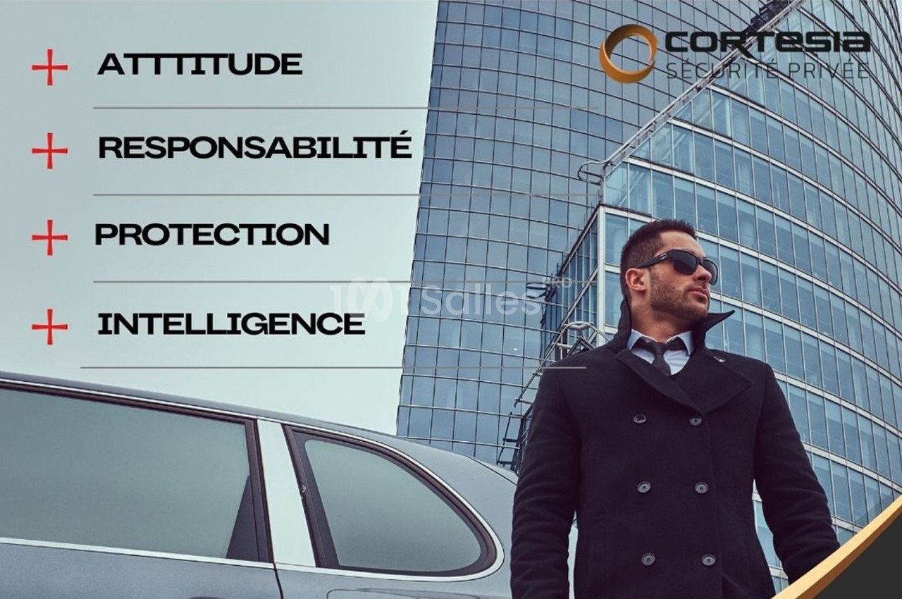 Homme en manteau sombre et lunettes de soleil devant un immeuble moderne, avec des mots-clés liés à la sécurité.