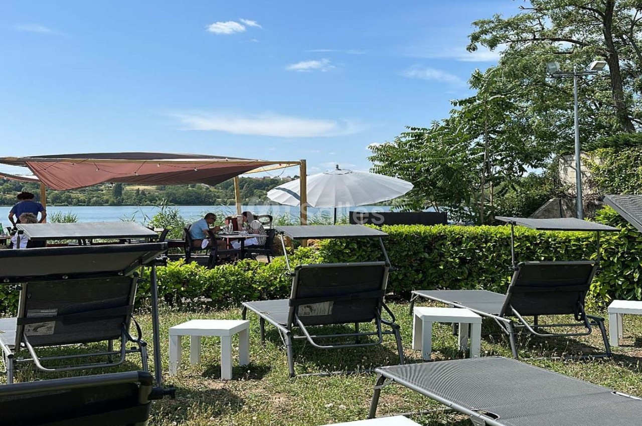 Des chaises longues et des tables installées près d'un lac, avec des parasols et des arbres en arrière-plan.