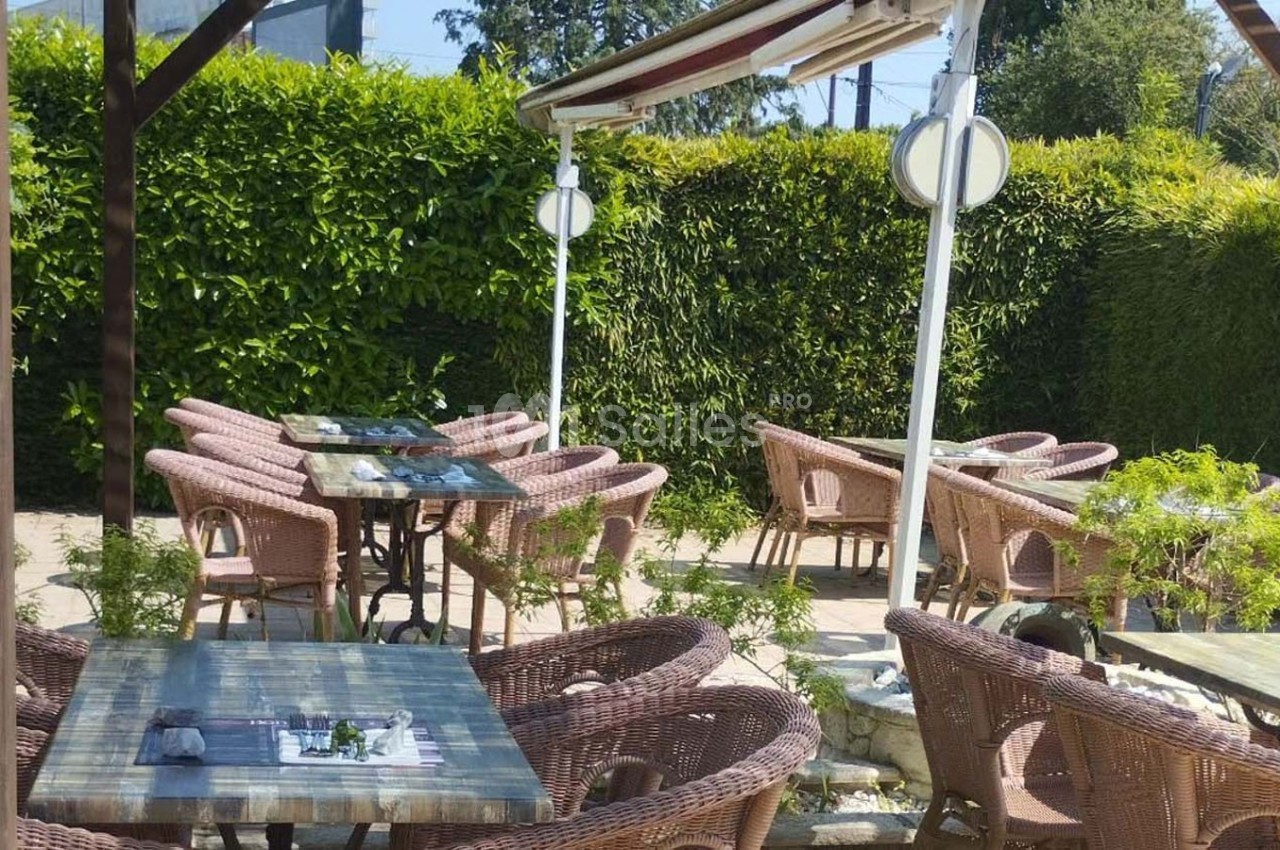 Terrasse extérieure avec tables en bois, chaises en rotin et végétation environnante sous un auvent.