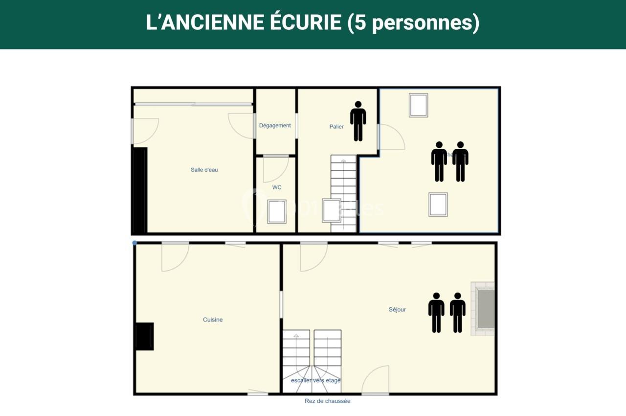 Plan d’un logement sur deux étages avec cuisine, séjour, WC, salle d’eau et chambres pour cinq personnes.