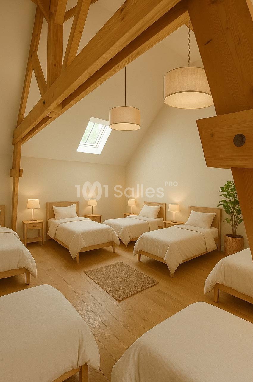 Chambre lumineuse avec cinq lits simples, parquet en bois clair, poutres apparentes et éclairage doux.