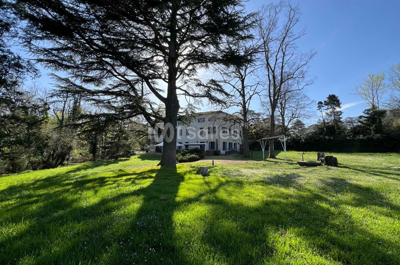 Grande maison blanche entourée d'arbres et d'une pelouse verdoyante sous un ciel bleu clair.