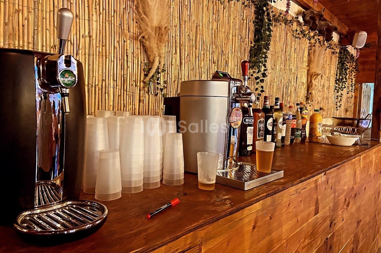 Comptoir en bois avec tireuses à bière, gobelets en plastique, bouteilles d'alcool et décorations végétales.