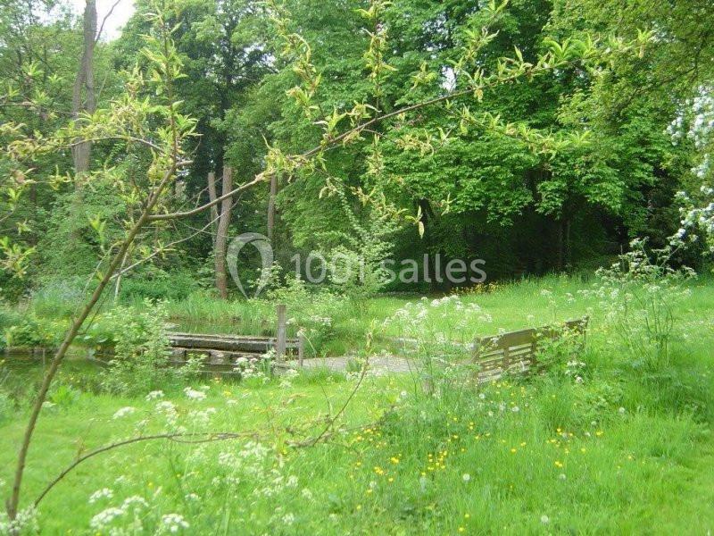 Un petit pont en bois traverse un étang entouré de verdure et d'arbres dans un paysage naturel.