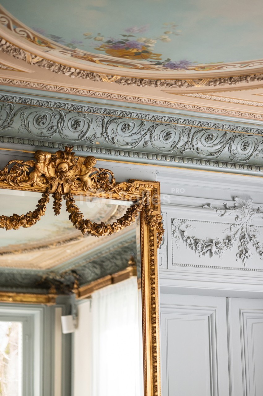 Miroir doré orné de motifs sculptés, reflétant un plafond décoré de fresques et des moulures élégantes.