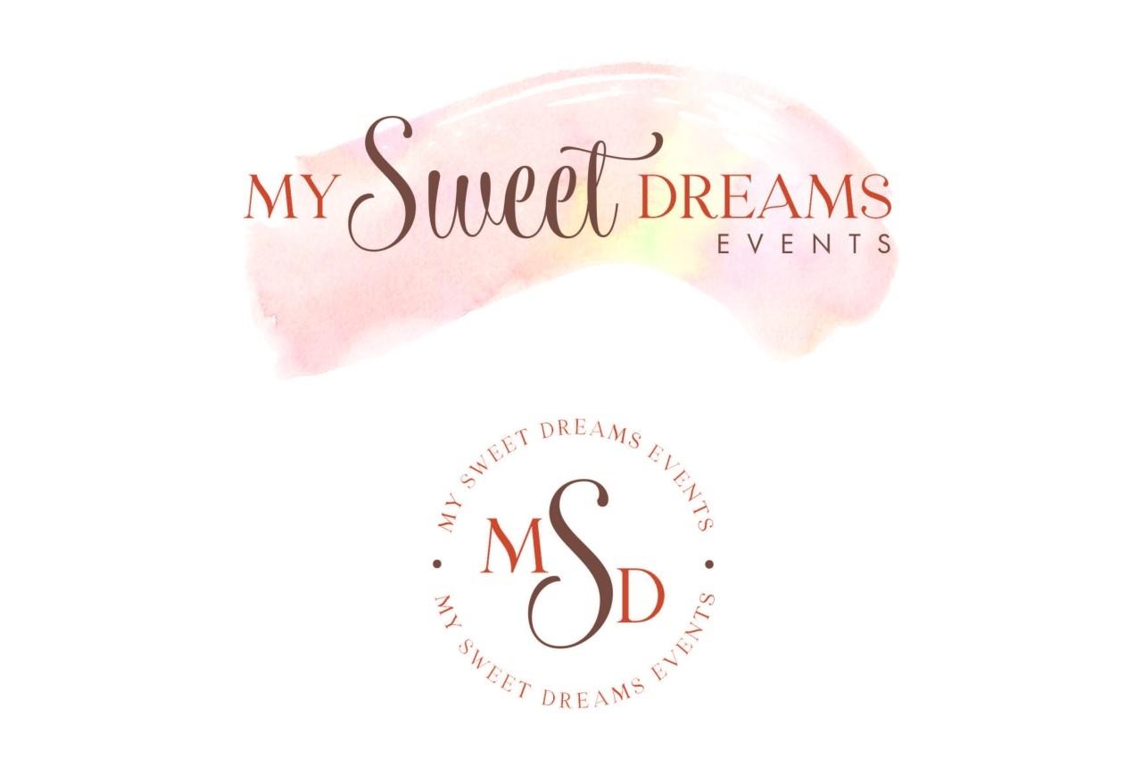 Logo ’My Sweet Dreams Events’ avec une écriture élégante sur fond aquarelle rose et cercle décoratif en bas.