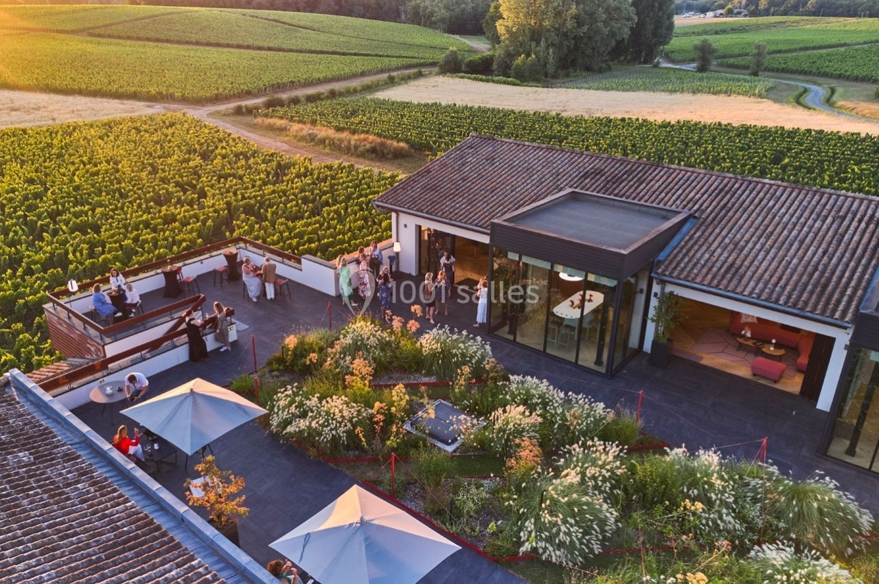 Vue aérienne d'une terrasse moderne entourée de vignes, avec des personnes profitant de l'espace extérieur.