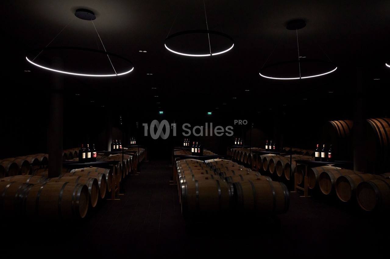 Salle sombre avec des tonneaux alignés et des bouteilles de vin éclairées par des lumières circulaires suspendues.
