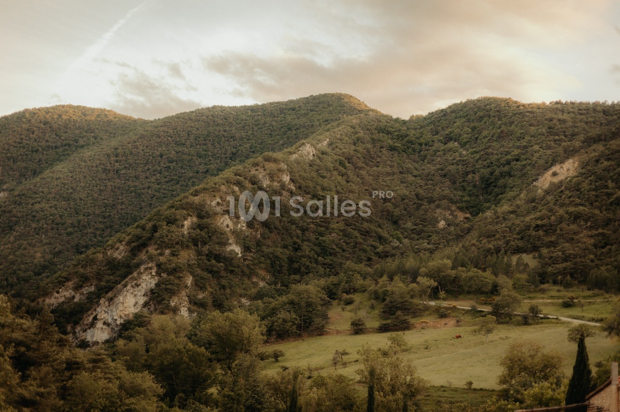 Paysage de collines verdoyantes au coucher du soleil, avec des prairies et des arbres au premier plan.