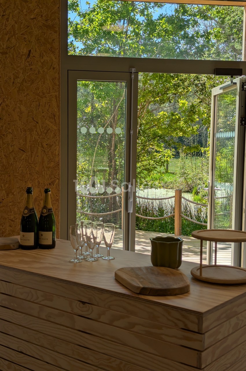 Vue intérieure d'une pièce avec un comptoir en bois, des bouteilles de vin, des verres et une porte ouverte sur un jardin.