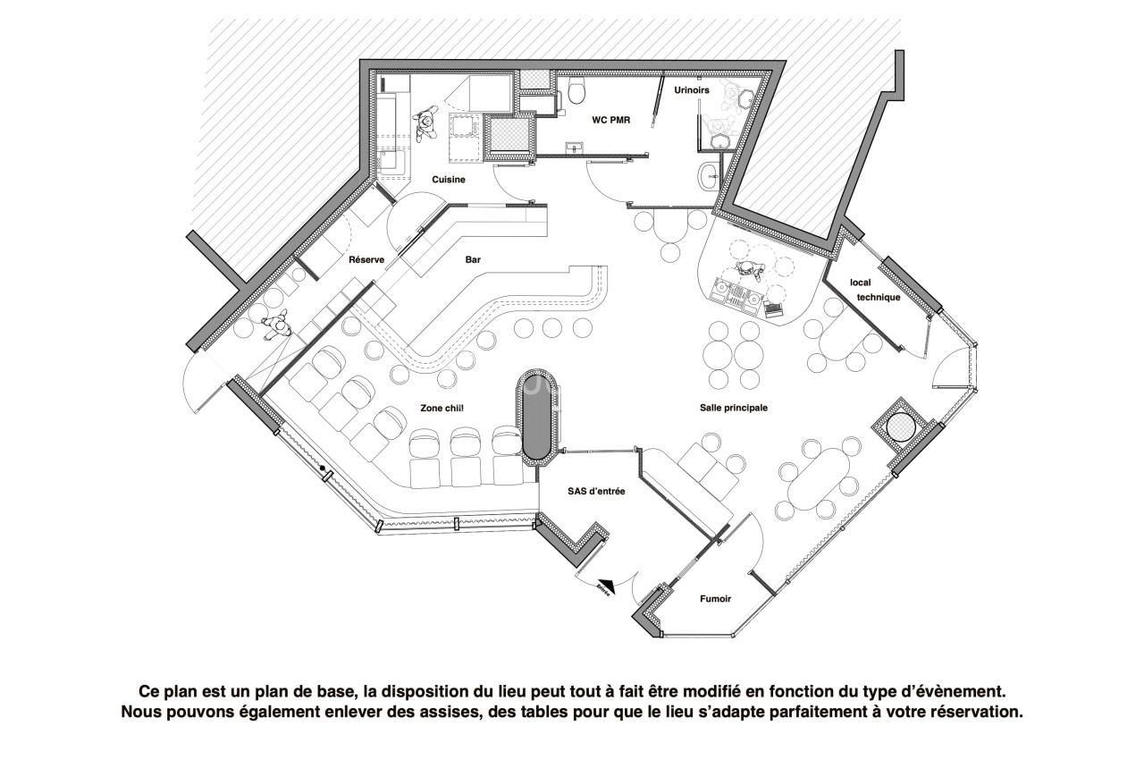 Plan d’aménagement intérieur montrant la disposition d’une cuisine, d’un bar, d’une salle principale et d’un espace lounge.