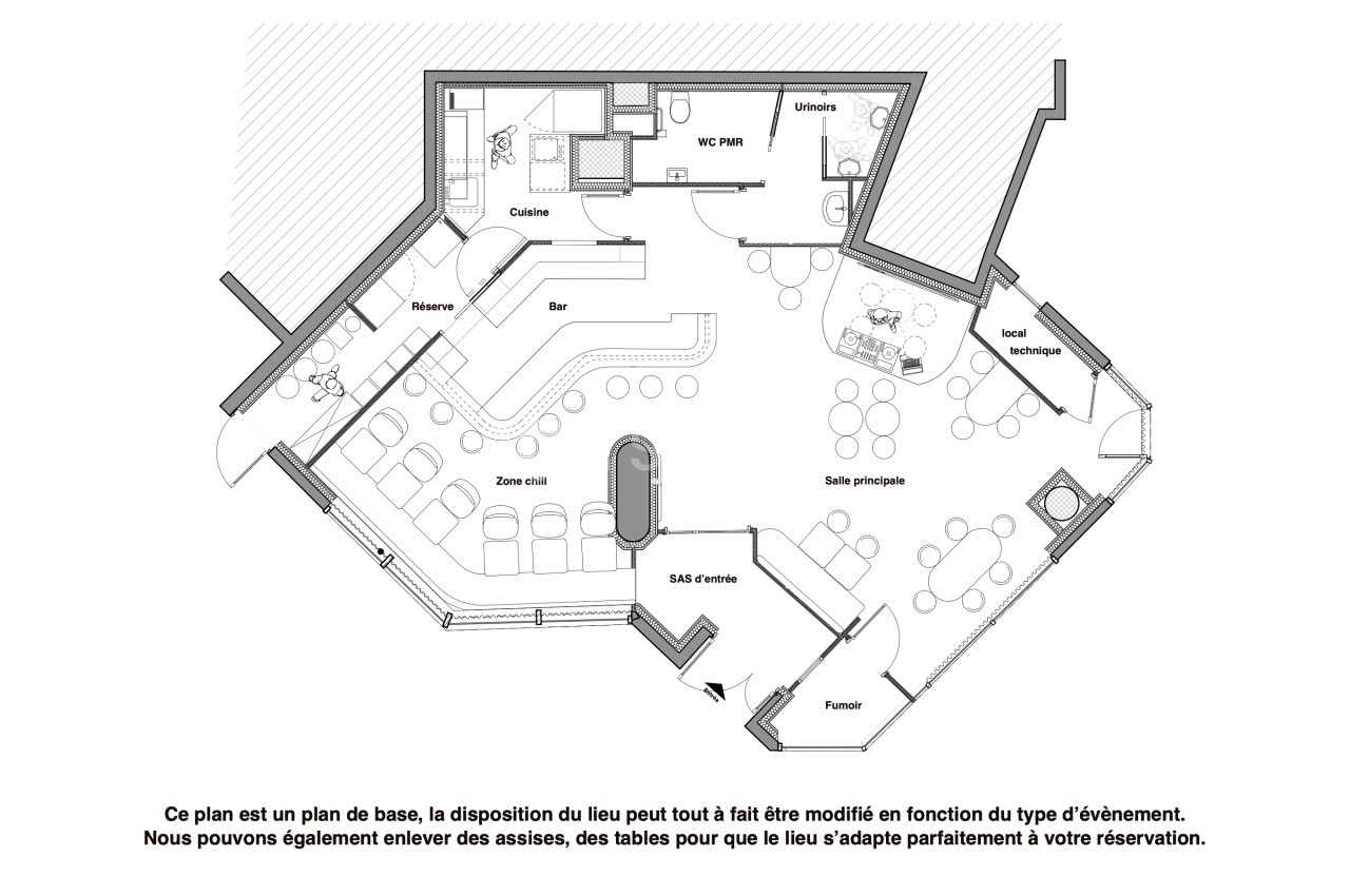 Plan d’aménagement intérieur montrant la disposition des espaces, incluant bar, salle principale et zone chill.