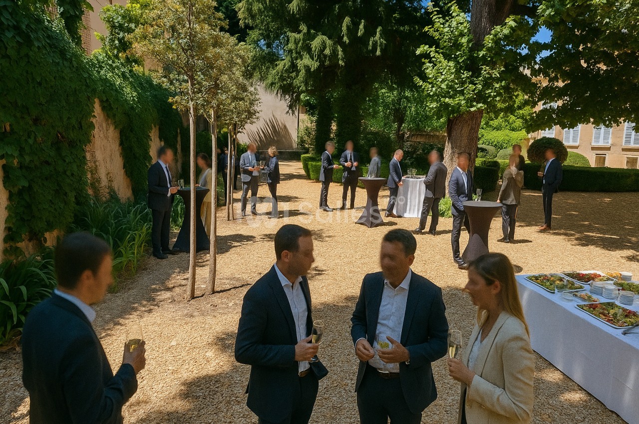 Personnes en tenue professionnelle discutant et partageant un verre dans un jardin lors d'un événement en plein air.