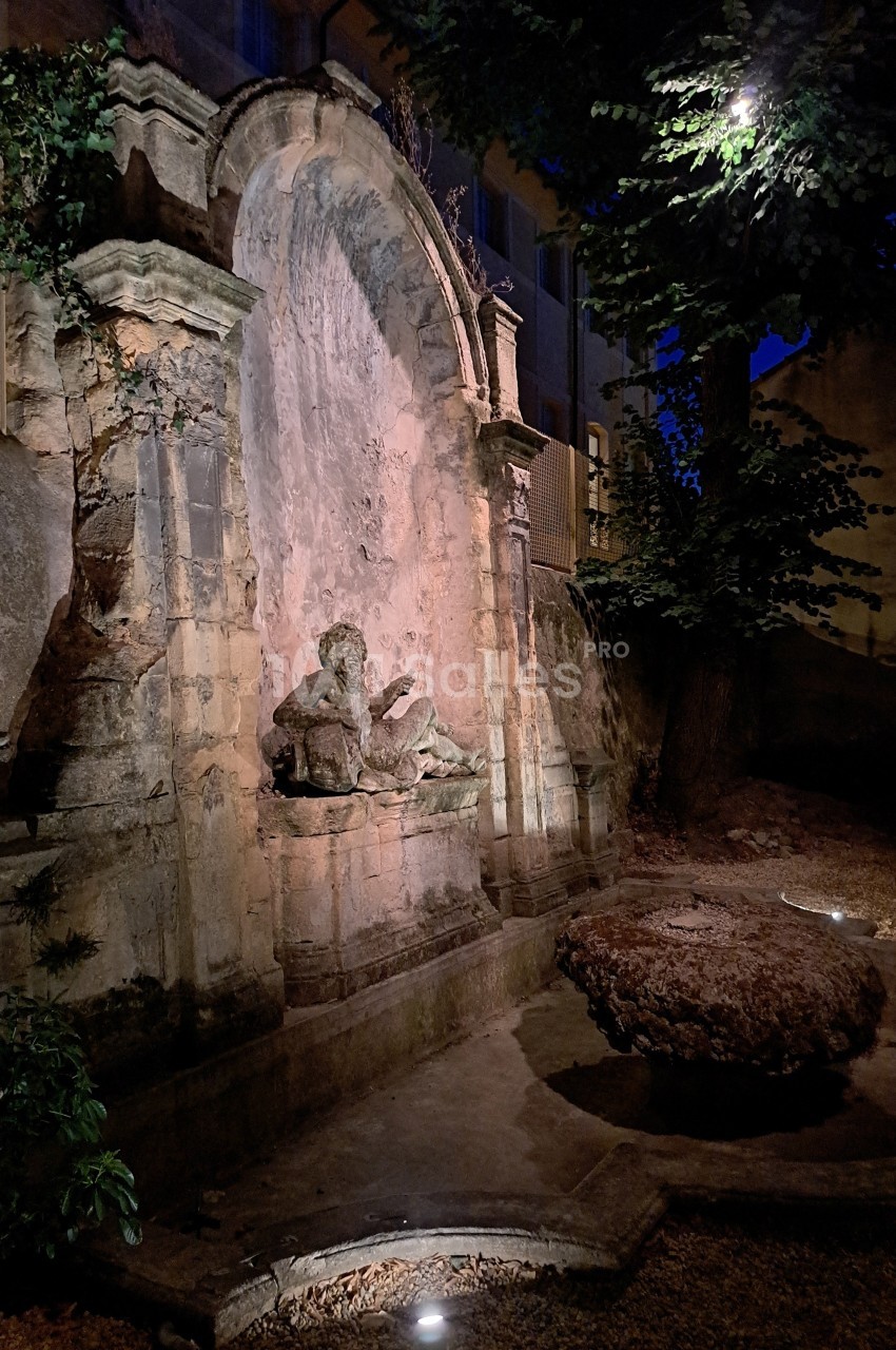 Fontaine en pierre ancienne éclairée la nuit, entourée d'arbres et de végétation dans un cadre urbain.