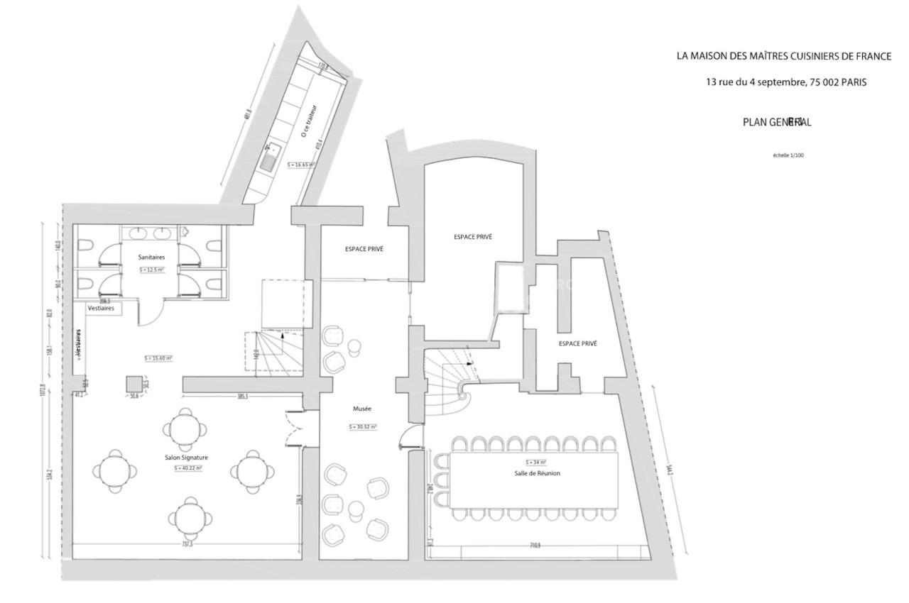 Plan architectural détaillé des espaces intérieurs de La Maison des Maîtres Cuisiniers de France à Paris.