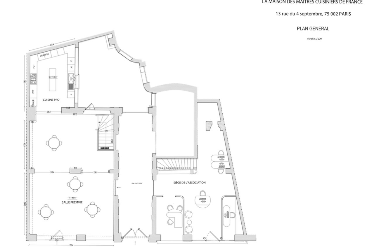 Plan général des locaux de La Maison des Maîtres Cuisiniers de France, incluant cuisine, salle de réunion et bureaux.