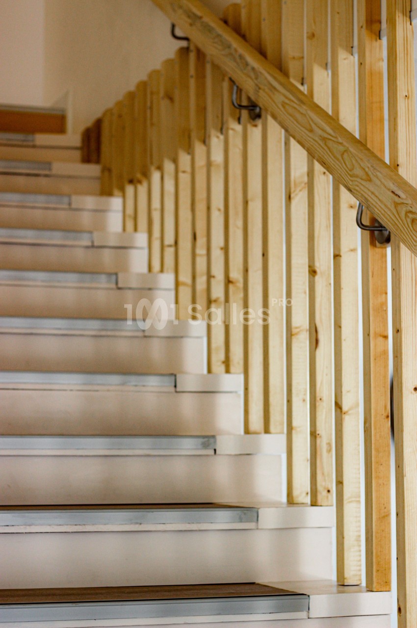 Escalier intérieur en bois avec rampe et contremarches blanches, éclairé par une lumière naturelle.