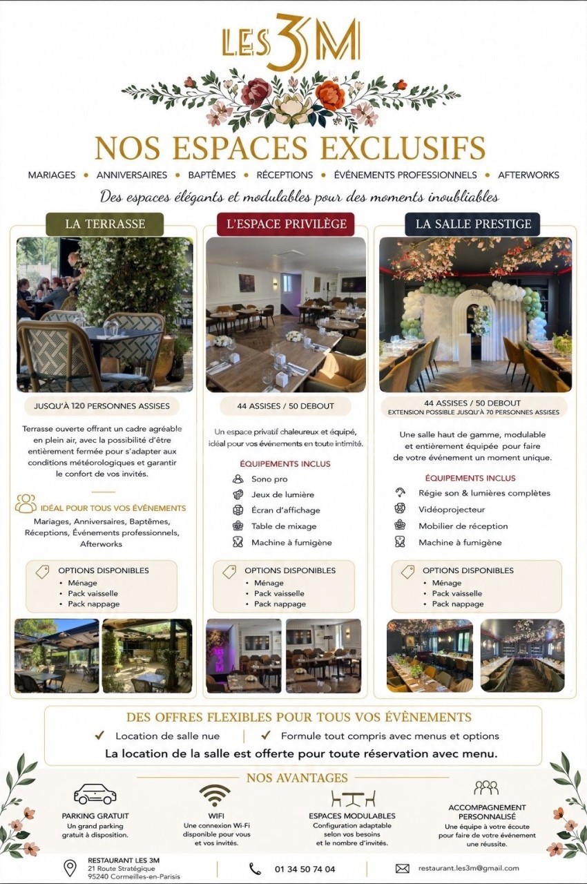 Affiche présentant les espaces modulables d'un restaurant pour divers événements, avec descriptions et photos des salles.