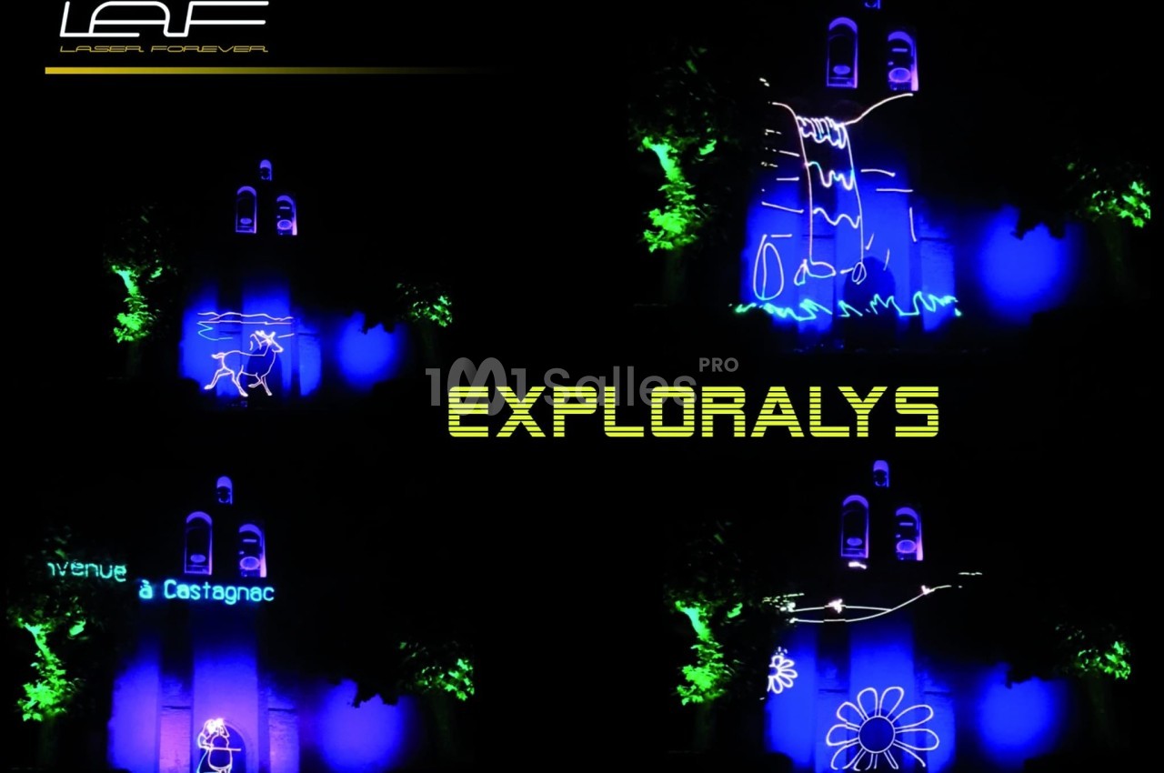 Spectacle lumineux avec des animations colorées projetées sur un mur, représentant des scènes et motifs variés.