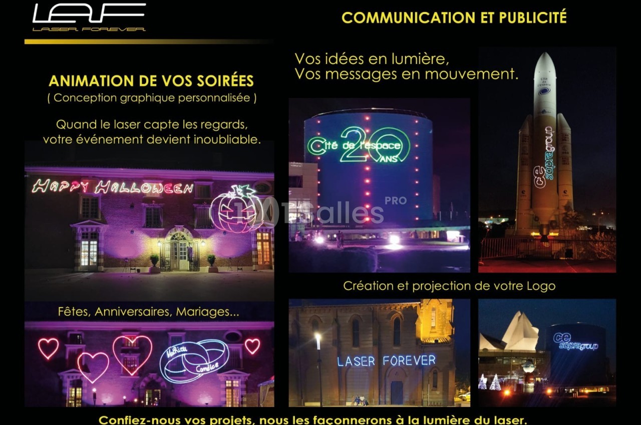 Projection lumineuse de messages et logos personnalisés sur des bâtiments pour des événements et célébrations.