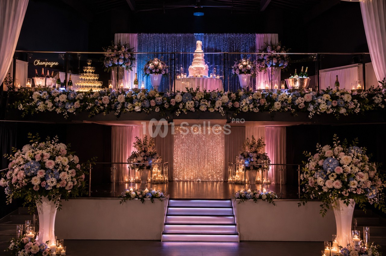 Salle de réception décorée avec des fleurs, un éclairage tamisé et un gâteau de mariage illuminé sur une estrade.