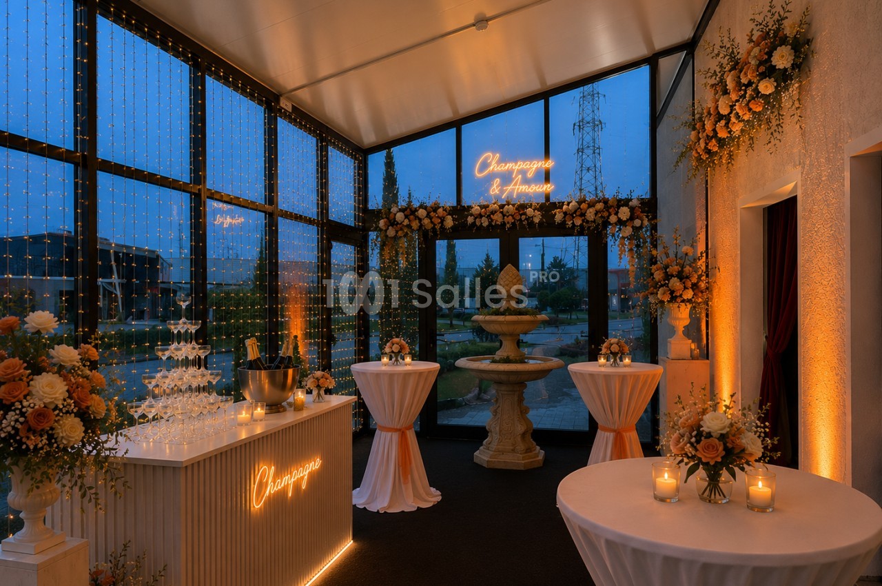 Salle décorée pour un événement avec guirlandes lumineuses, tables hautes, fontaine et compositions florales élégantes.