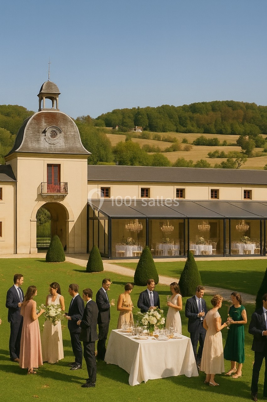 Groupe de personnes élégamment vêtues discutant autour d'une table dressée dans un jardin devant un bâtiment historique.