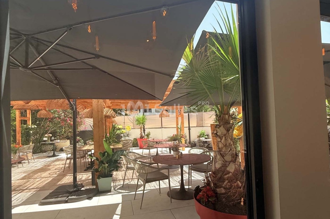 Terrasse extérieure avec tables, chaises, parasols et plantes, éclairée par une lumière naturelle.