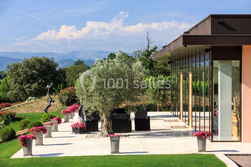 Terrasse moderne avec grandes baies vitrées, pots de fleurs, olivier central et vue sur un paysage naturel.