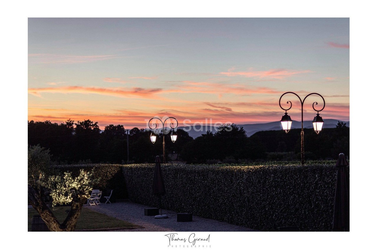 Ciel coloré au coucher du soleil avec des lampadaires allumés, haies taillées et silhouettes d'arbres en arrière-plan.