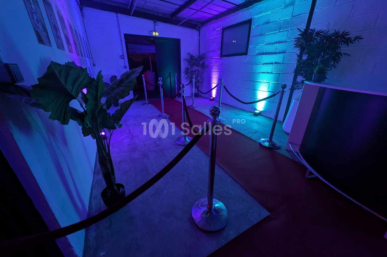 Couloir avec tapis rouge, poteaux à cordons, éclairage bleu et violet, plantes décoratives et mur blanc.