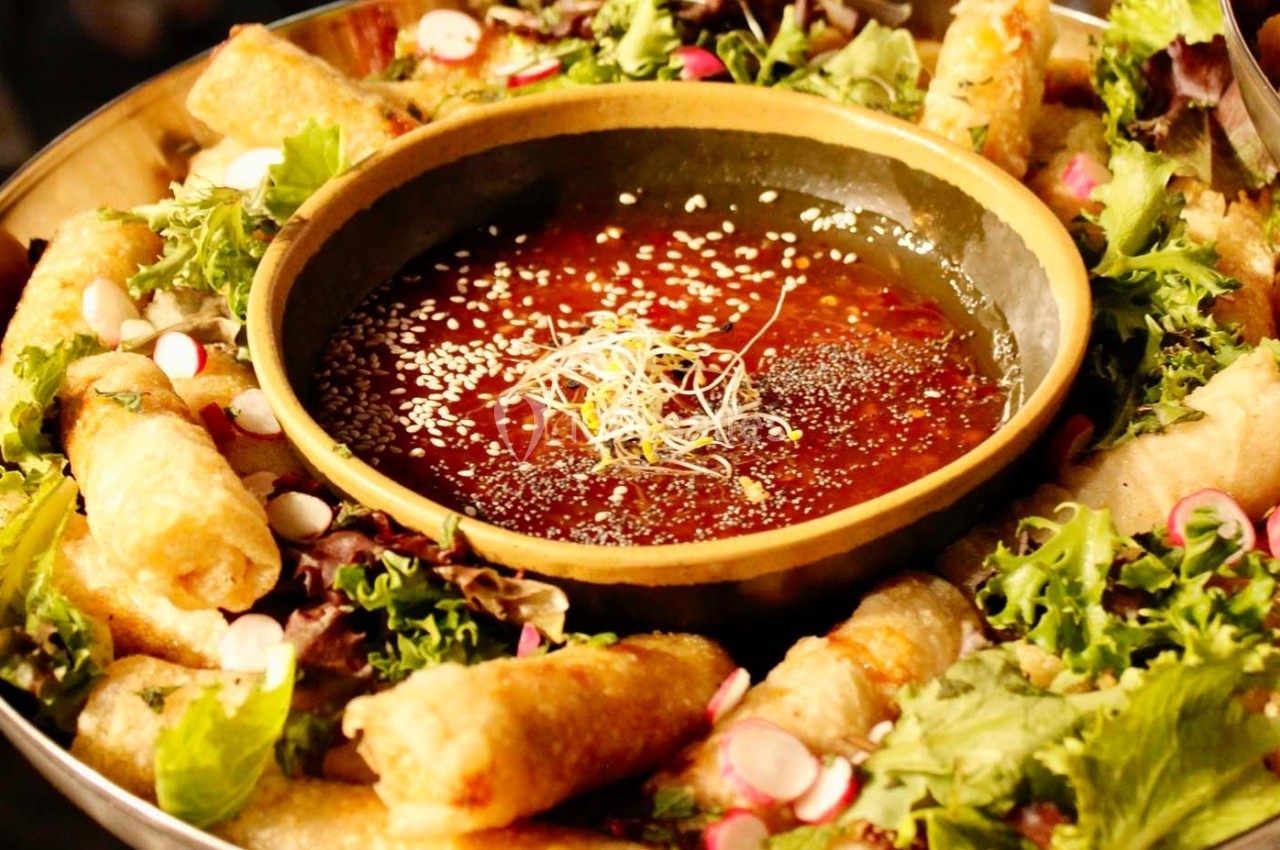 Assiette de nems entourée de salade, radis et germes, avec un bol de sauce garnie de graines de sésame au centre.