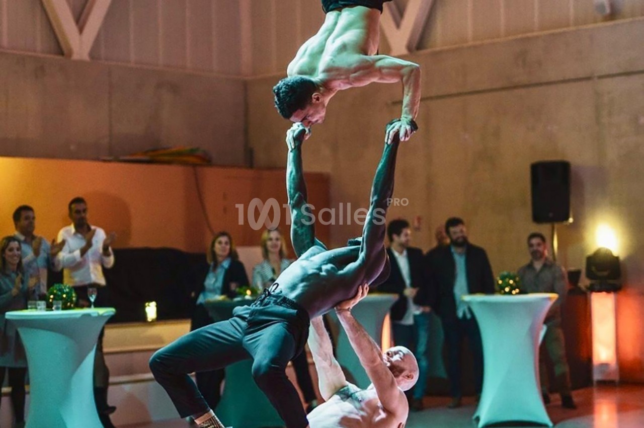 Deux acrobates réalisant une figure en équilibre dans une salle avec des spectateurs en arrière-plan.