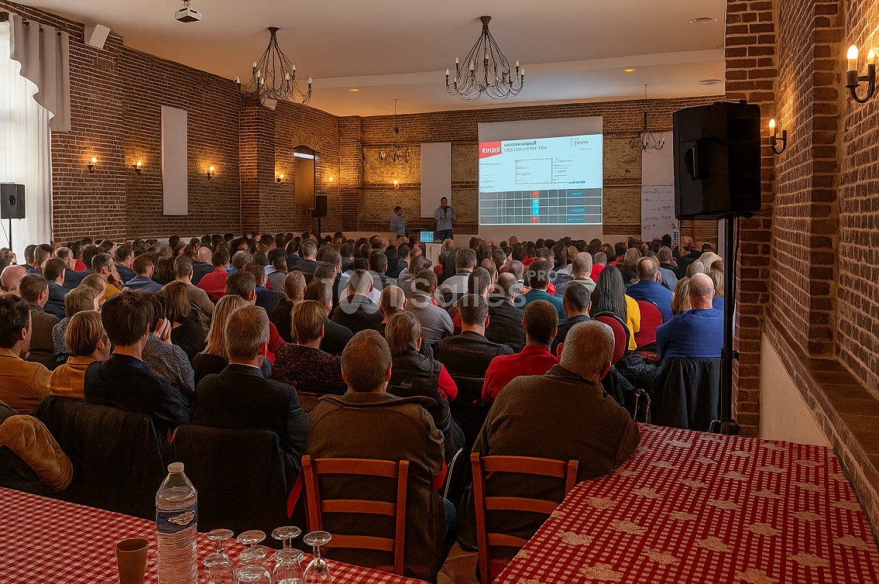 Salle de conférence avec des participants assis, assistant à une présentation projetée sur un écran.