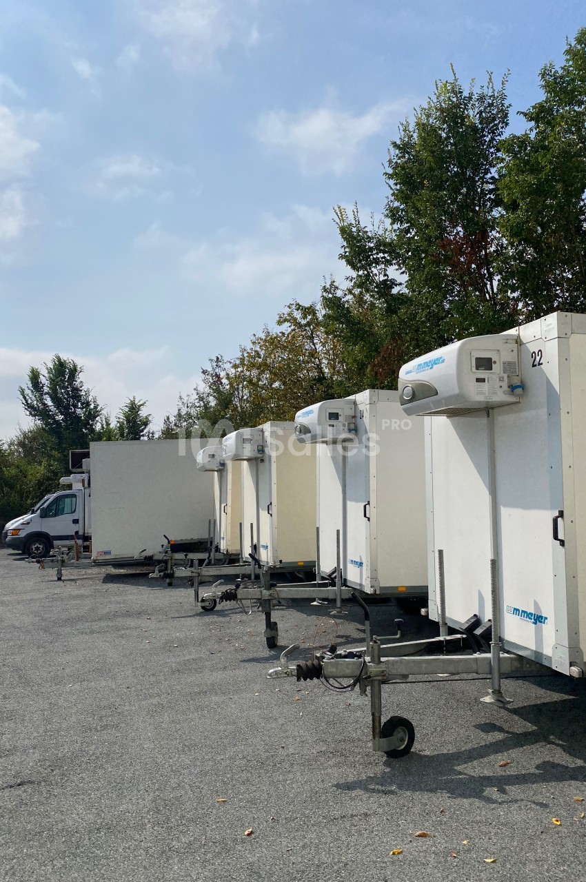 Alignement de remorques frigorifiques blanches stationnées sur un parking, entourées d'arbres et de ciel dégagé.