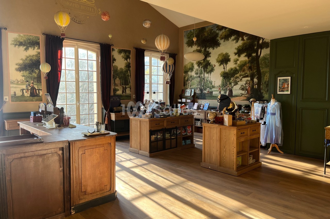 Intérieur d'une boutique lumineuse avec comptoirs en bois, étagères de produits et décorations murales champêtres.