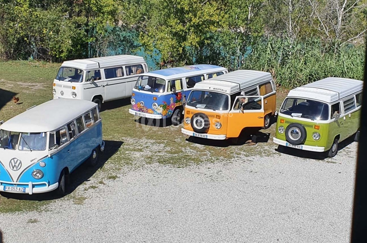 Cinq vans Volkswagen vintage colorés stationnés sur un terrain gravillonné entouré de végétation.