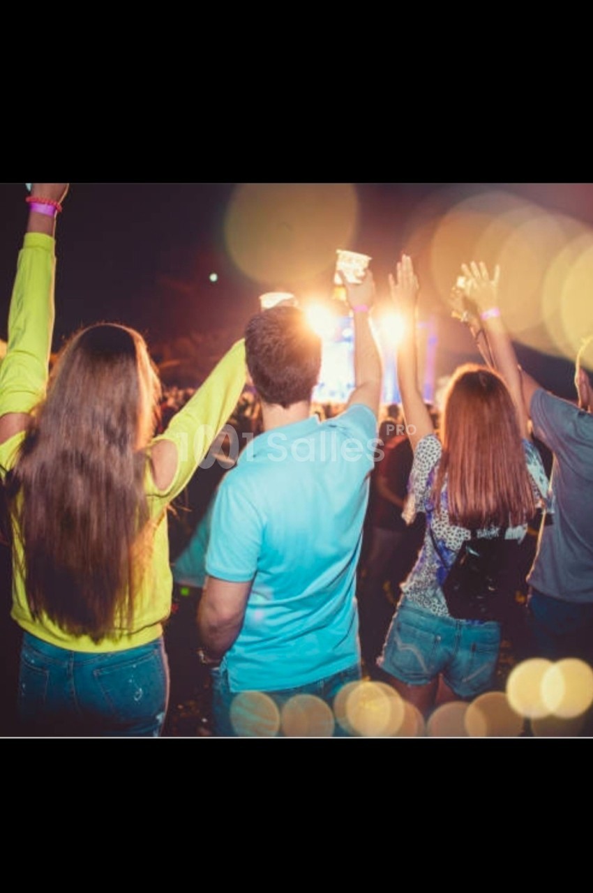 Des personnes de dos, bras levés, profitant d'un concert ou d'une fête en plein air, éclairées par des lumières vives.
