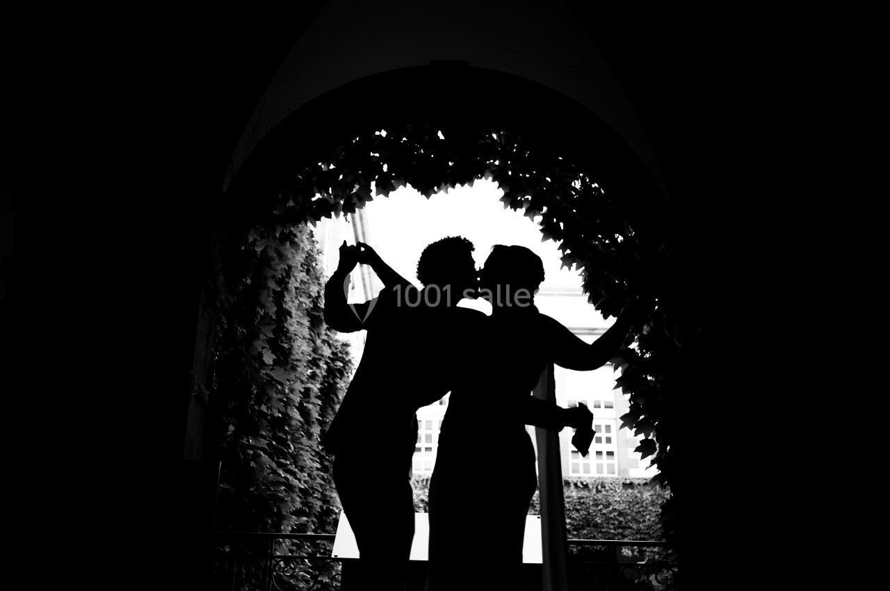 Silhouettes d'un couple s'embrassant sous une arche ornée de feuillage, en contre-jour.