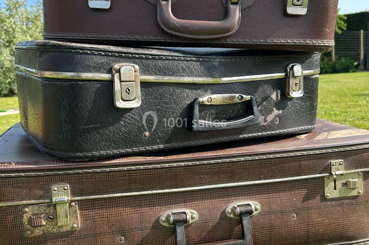 Trois valises vintage empilées sur une surface en bois, avec un jardin en arrière-plan.