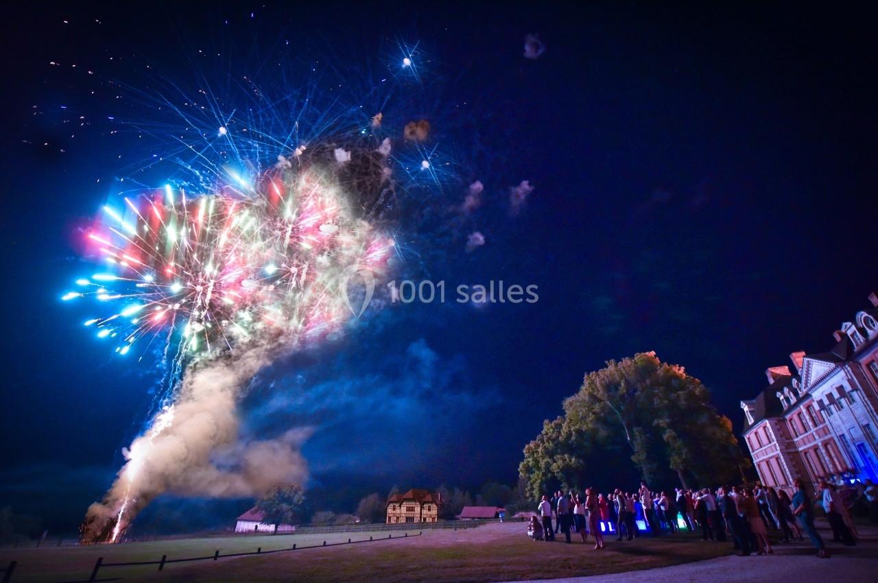 Feu d'artifice multicolore illuminant le ciel nocturne, avec des spectateurs rassemblés près d'un bâtiment historique.