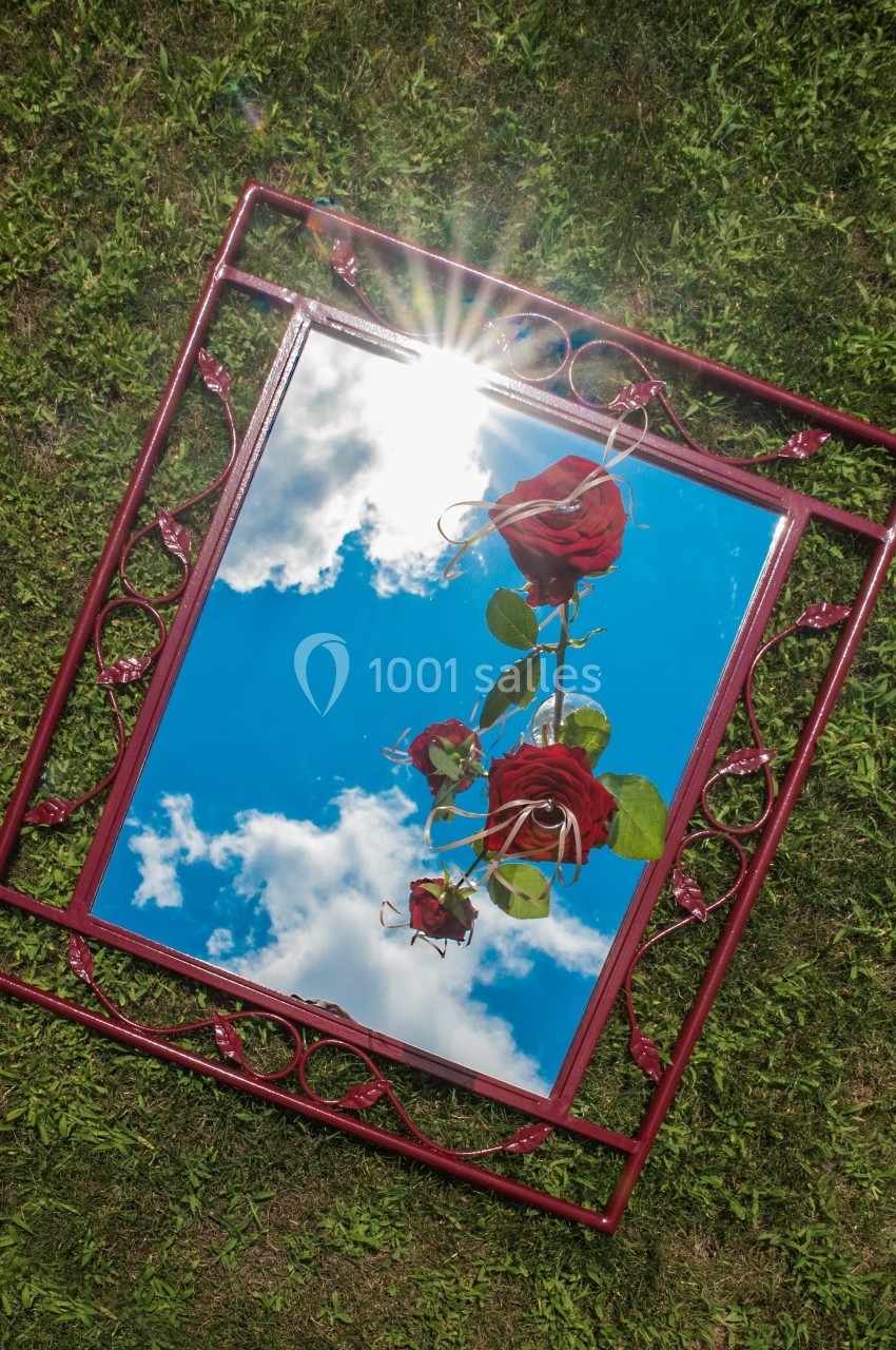 Miroir posé sur de l'herbe reflétant un ciel bleu avec des nuages et des roses rouges placées sur son cadre.