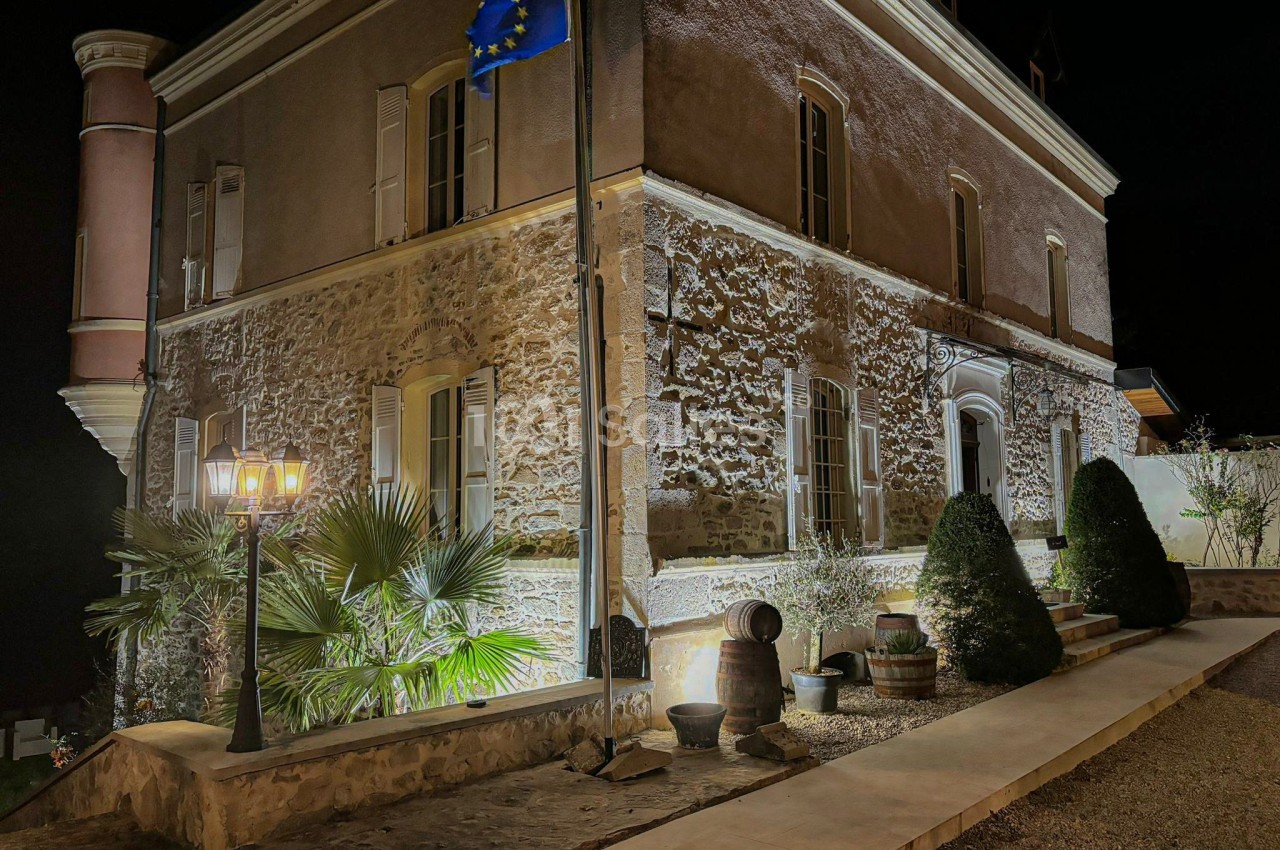 Bâtiment en pierre éclairé de nuit, drapeau européen flottant, végétation et lampadaire au premier plan.