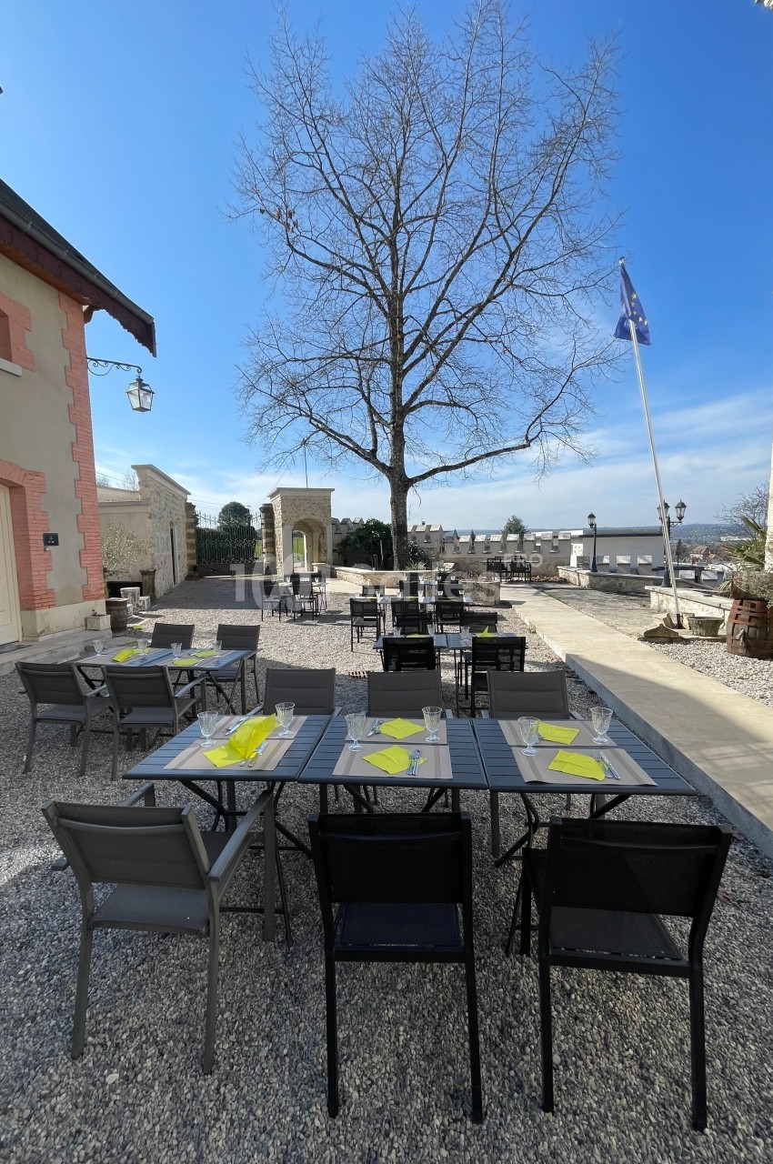 Terrasse extérieure avec tables dressées, chaises noires et vue dégagée sur un paysage, sous un grand arbre sans feuilles.