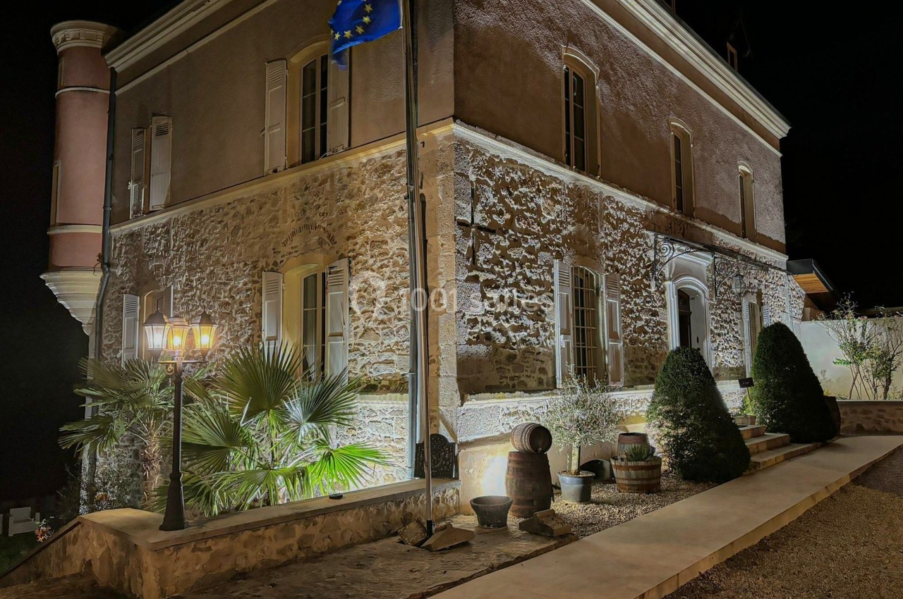 Bâtiment en pierre éclairé de nuit, avec un drapeau européen flottant et des plantes décoratives au premier plan.