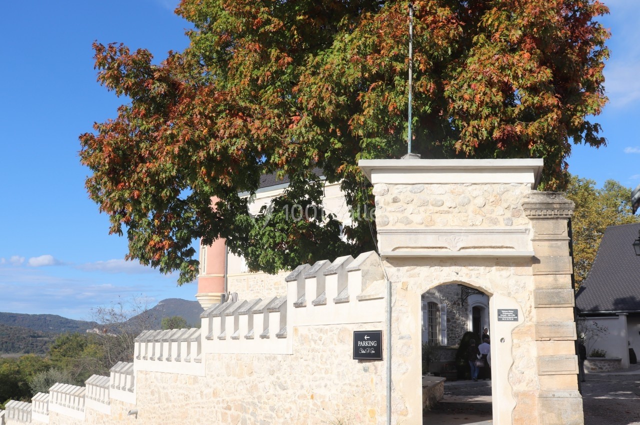 Entrée en pierre avec un portail voûté, surmontée d'un arbre aux feuilles rouges et vertes, sous un ciel dégagé.